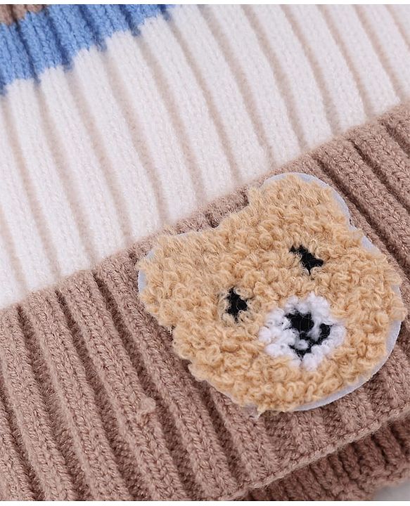 Babyhug Knit Woollen Cap with Stripes & Pom Pom Brown - Diameter 10 cm