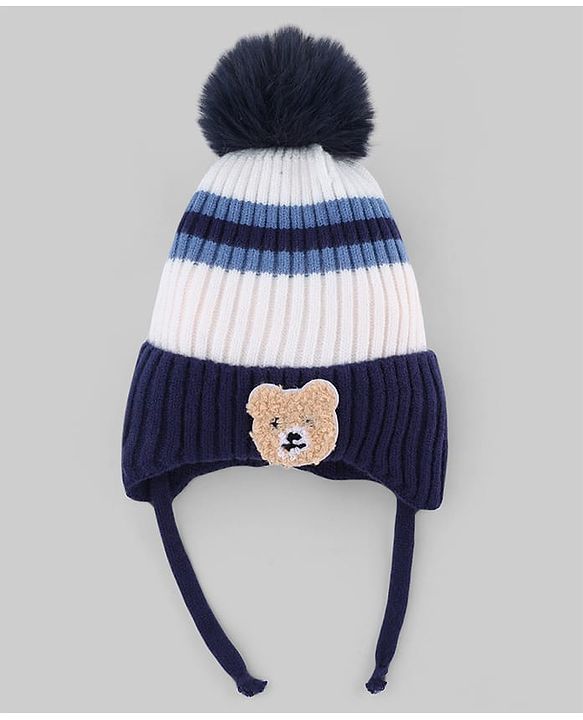 Babyhug Knit Woollen Cap with stripes and Pom Pom Navy Blue - Diameter 10 cm