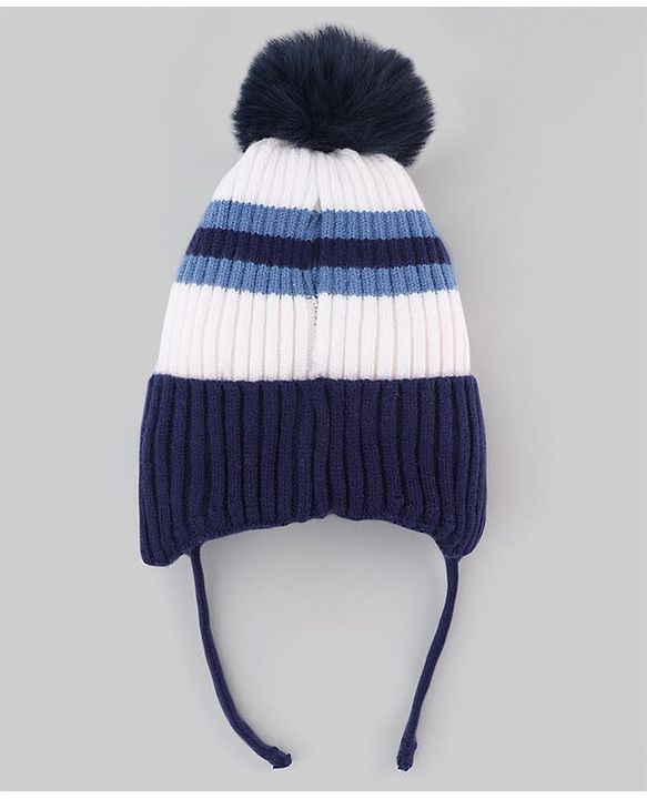 Babyhug Knit Woollen Cap with stripes and Pom Pom Navy Blue - Diameter 10 cm