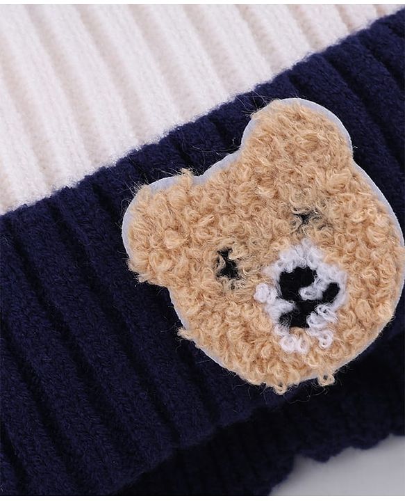 Babyhug Knit Woollen Cap with stripes and Pom Pom Navy Blue - Diameter 10 cm