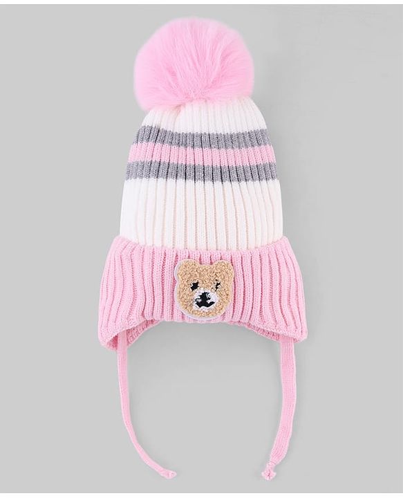 Babyhug Knit Woollen Cap with Stripes and Pom Pom Pink - Diameter 10 cm