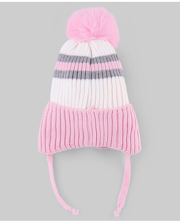 Babyhug Knit Woollen Cap with Stripes and Pom Pom Pink - Diameter 10 cm