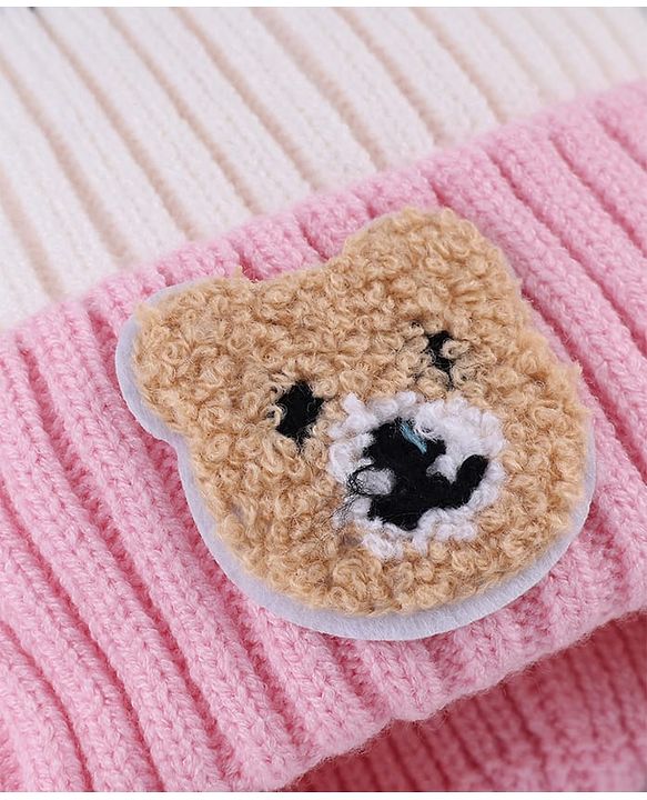 Babyhug Knit Woollen Cap with Stripes and Pom Pom Pink - Diameter 10 cm