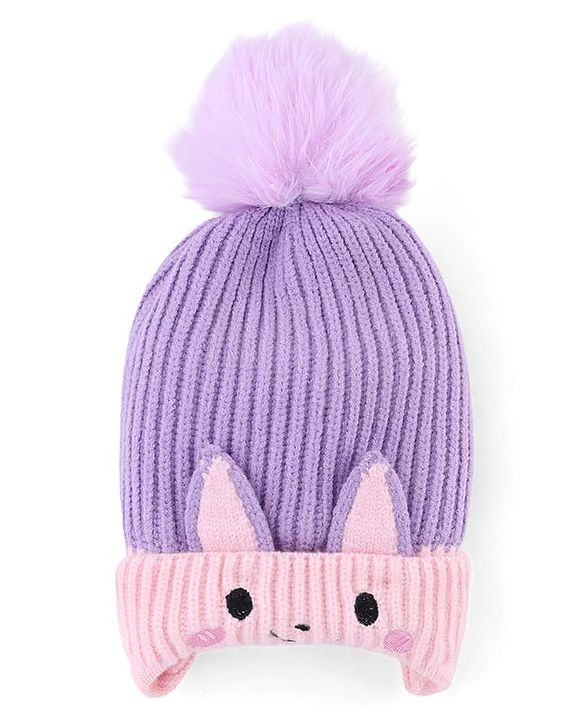 Babyhug Knit Woollen Cap with Bunny Design & Pom Pom Purple - Diameter 10 cm