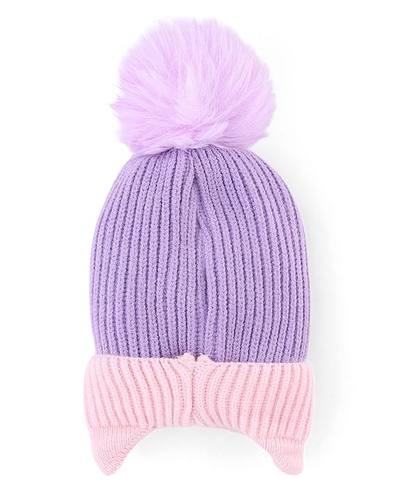 Babyhug Knit Woollen Cap with Bunny Design & Pom Pom Purple - Diameter 10 cm