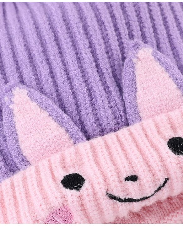 Babyhug Knit Woollen Cap with Bunny Design & Pom Pom Purple - Diameter 10 cm