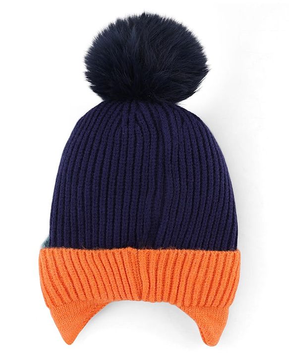 Babyhug Knit Woollen Cap with Animal Design & Pom Pom Navy Blue - Diameter 10 cm