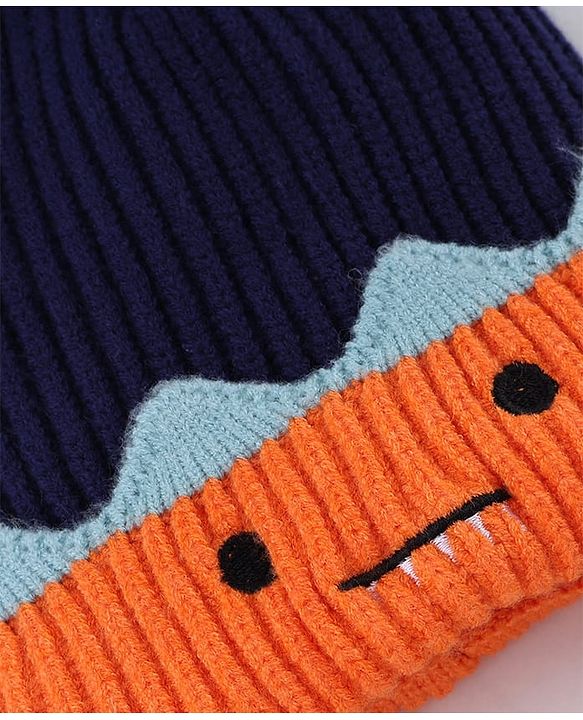 Babyhug Knit Woollen Cap with Animal Design & Pom Pom Navy Blue - Diameter 10 cm