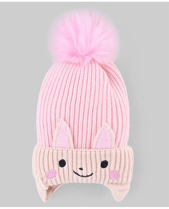 Babyhug Knit Woollen Cap with Animal Design & Pom Pom Pink - Diameter 10 cm