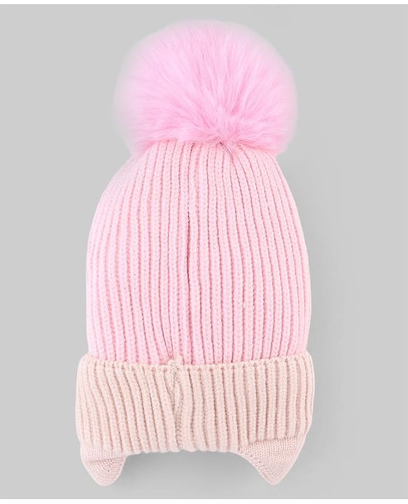 Babyhug Knit Woollen Cap with Animal Design & Pom Pom Pink - Diameter 10 cm