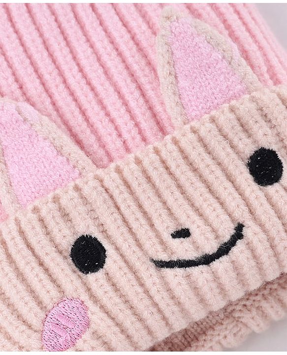 Babyhug Knit Woollen Cap with Animal Design & Pom Pom Pink - Diameter 10 cm
