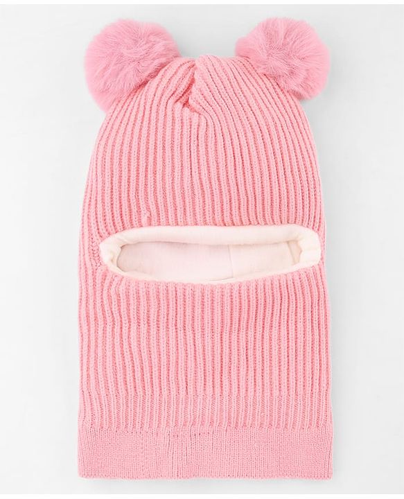 Babyhug Knit Woollen Monkey Cap with Pom Pom Pink - Diameter 10 cm