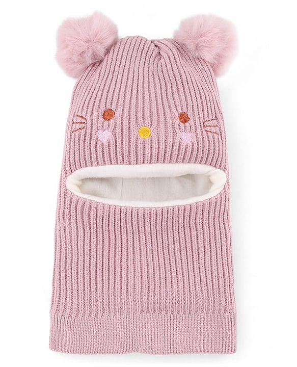 Babyhug Knit Woollen Monkey Cap with Cable Knit Design Pink - Diameter - 10 cm