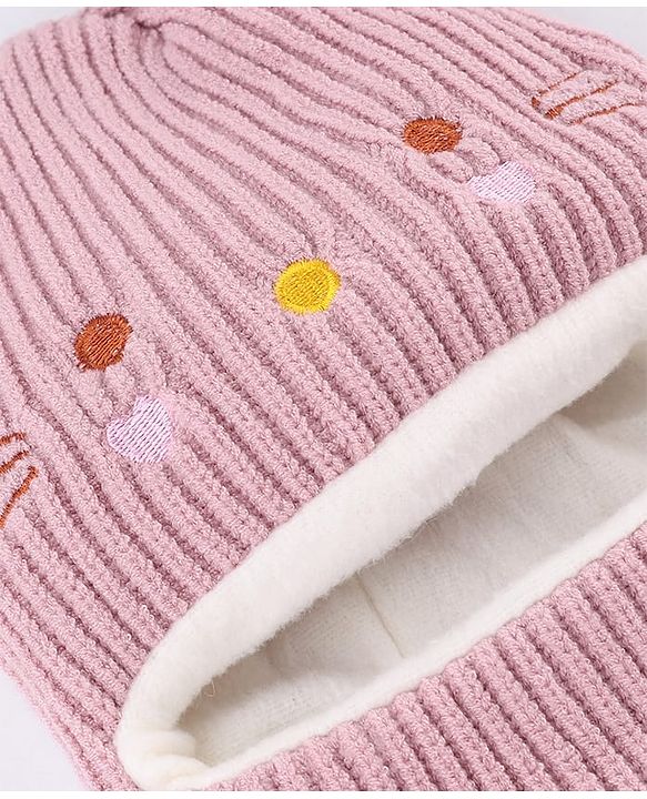 Babyhug Knit Woollen Monkey Cap with Cable Knit Design Pink - Diameter - 10 cm