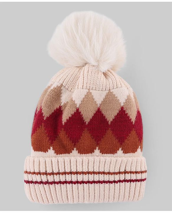 Babyhug Knit Woollen Cap with Checks Design Maroon - Diameter 10 cm