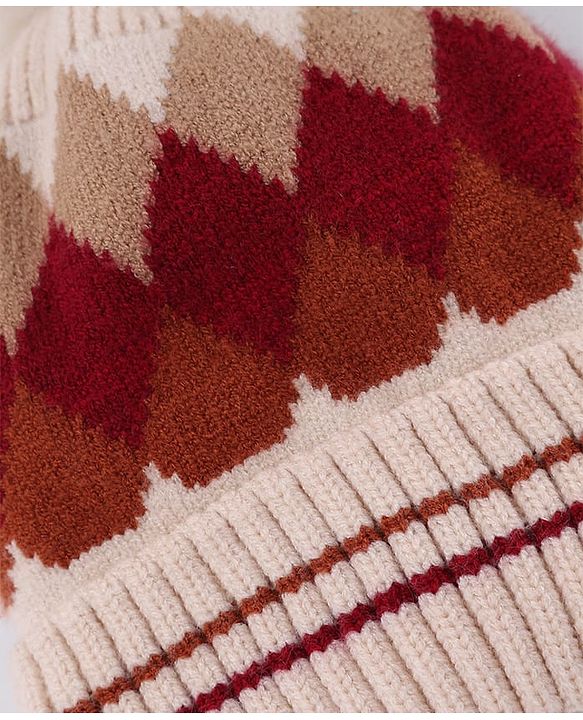 Babyhug Knit Woollen Cap with Checks Design Maroon - Diameter 10 cm