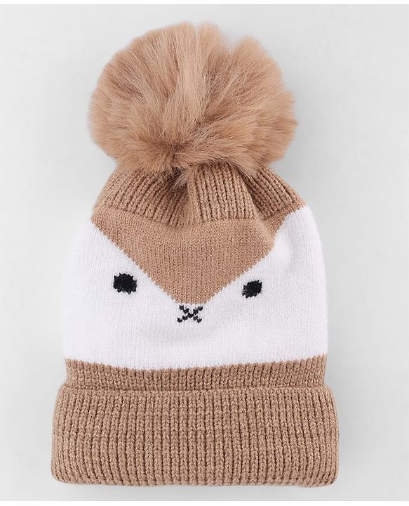 Babyhug Knit Woollen Cap with Bird Face Design & Pom Pom Light Brown - Diameter 10 cm