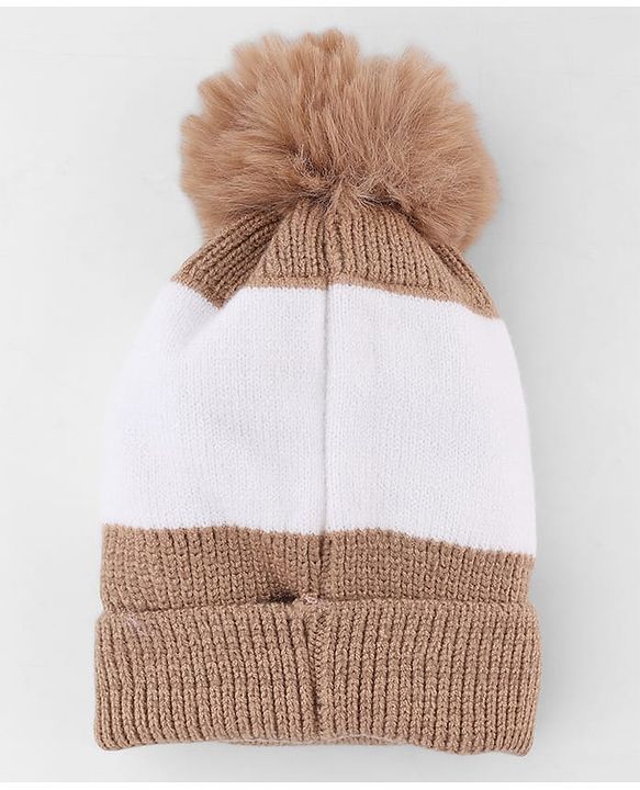Babyhug Knit Woollen Cap with Bird Face Design & Pom Pom Light Brown - Diameter 10 cm