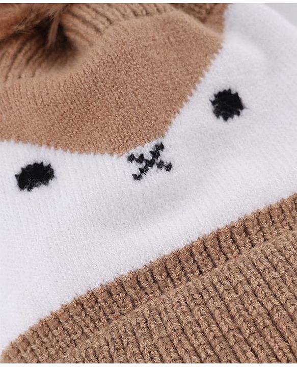 Babyhug Knit Woollen Cap with Bird Face Design & Pom Pom Light Brown - Diameter 10 cm
