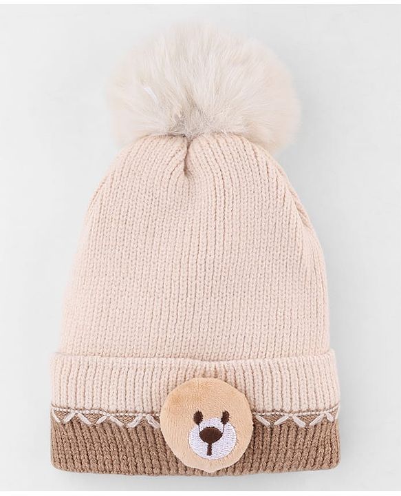 Babyhug Knit Woollen Cap with Animal Face Design & Pom Pom Light Pink - 10 cm