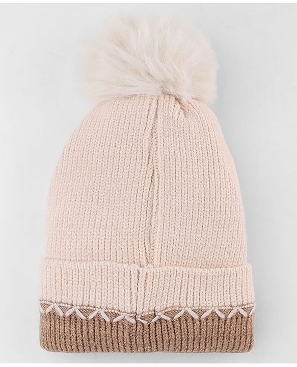 Babyhug Knit Woollen Cap with Animal Face Design & Pom Pom Light Pink - 10 cm