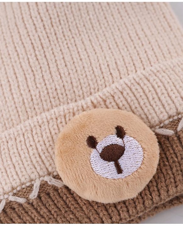 Babyhug Knit Woollen Cap with Animal Face Design & Pom Pom Light Pink - 10 cm
