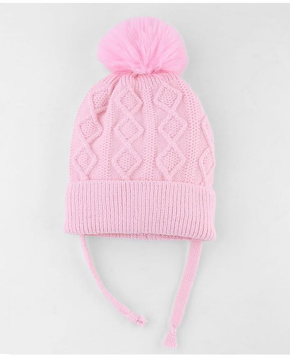 Babyhug Knit Woollen Cap with Cable Knit Design Pink - Diameter 10 cm