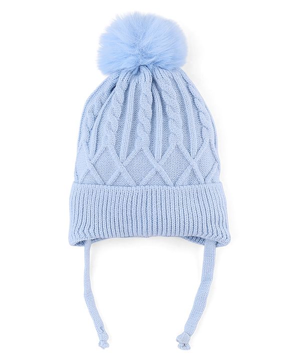 Babyhug Knit Woollen Cap with Cable Knit Design Blue - Diameter 10 cm