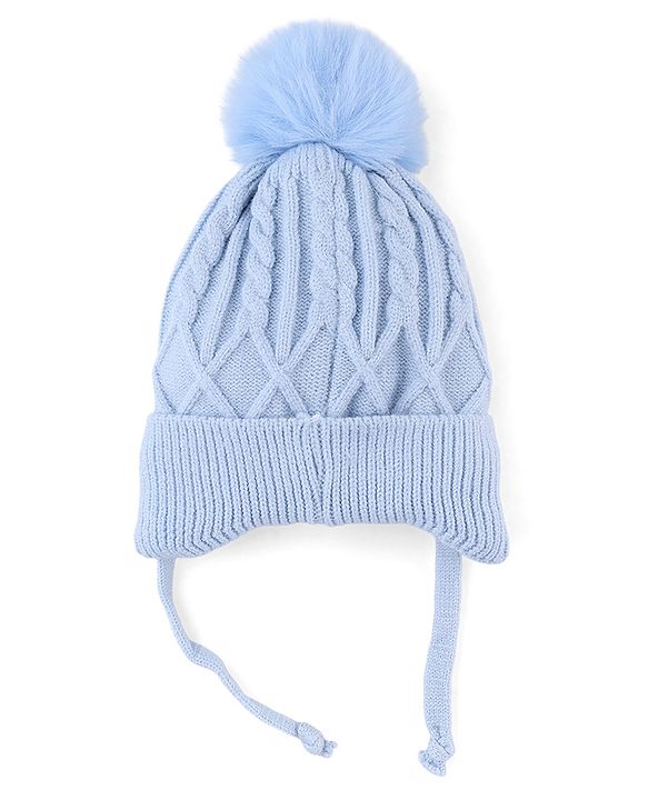 Babyhug Knit Woollen Cap with Cable Knit Design Blue - Diameter 10 cm