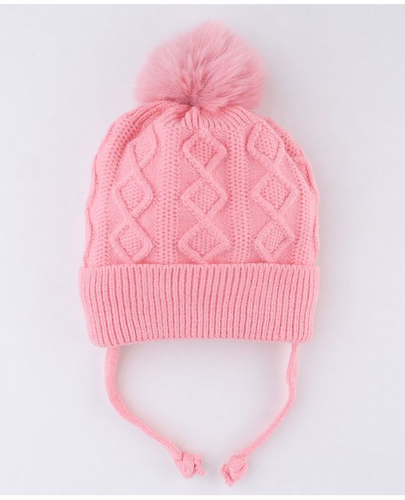 Babyhug Knit Woollen Cap with Animal Face Design & Pom Pom   Blue - 10 cm