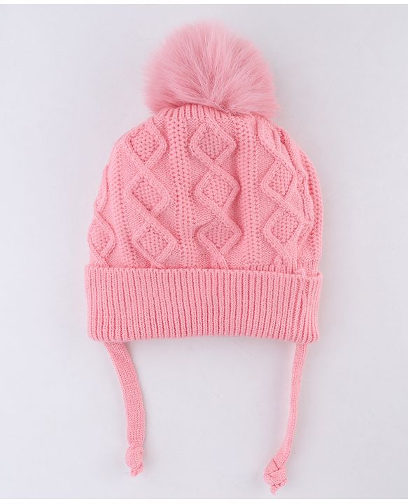 Babyhug Knit Woollen Cap with Animal Face Design & Pom Pom   Blue - 10 cm