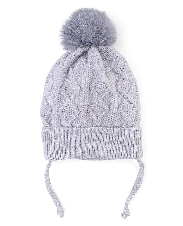 Babyhug Knit Woollen Cap with Cable Knit Design Grey - Diameter 10 cm