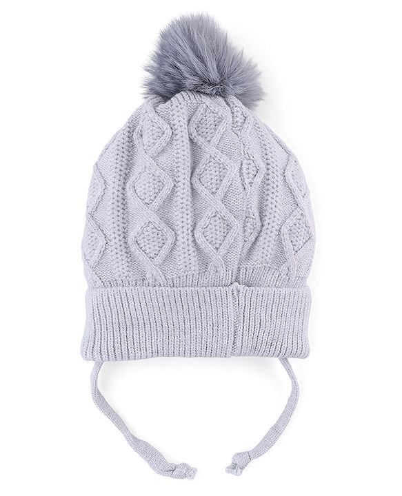 Babyhug Knit Woollen Cap with Cable Knit Design Grey - Diameter 10 cm