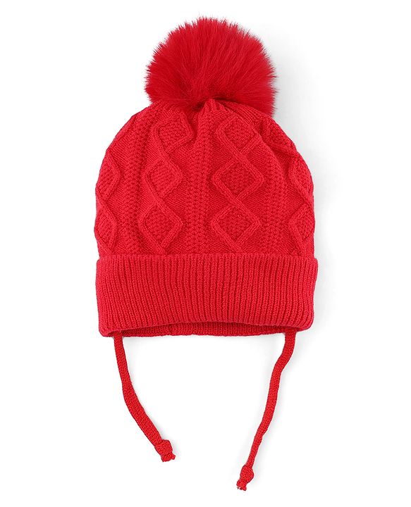 Babyhug Knit Woollen Cap with Cable Knit Design Red - Diameter 10 cm