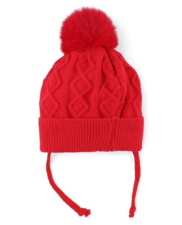 Babyhug Knit Woollen Cap with Cable Knit Design Red - Diameter 10 cm
