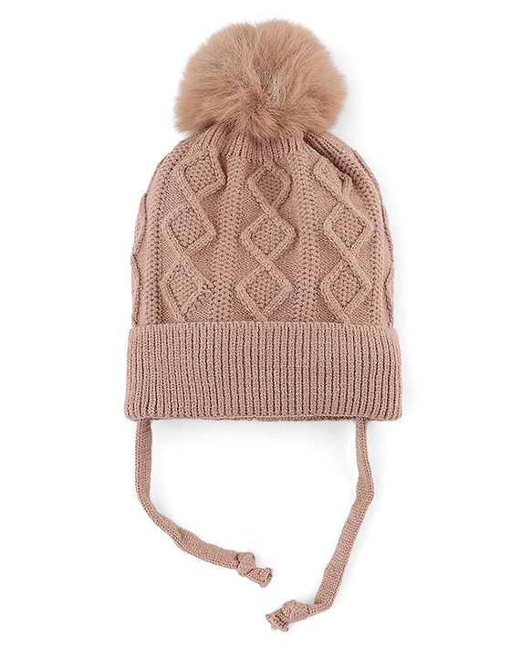 Babyhug Knit Woollen Cap with  Cable Knit Design Light Brown - Diameter 10 cm