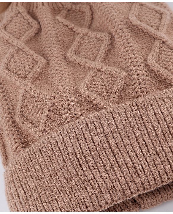 Babyhug Knit Woollen Cap with  Cable Knit Design Light Brown - Diameter 10 cm
