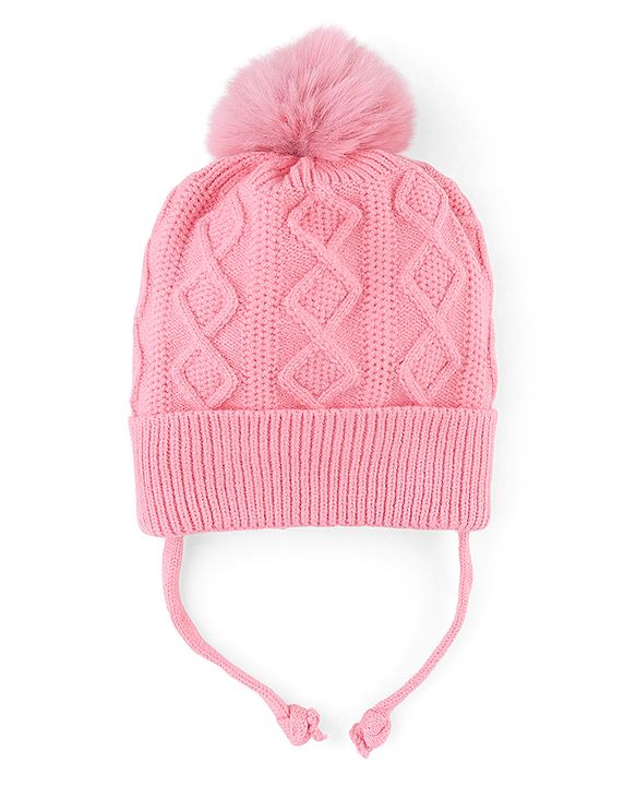 Babyhug Knit Woollen Cap with Cable Knit Design Pink - Diameter 10 cm
