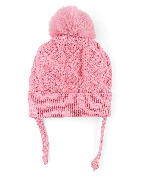 Babyhug Knit Woollen Cap with Cable Knit Design Pink - Diameter 10 cm