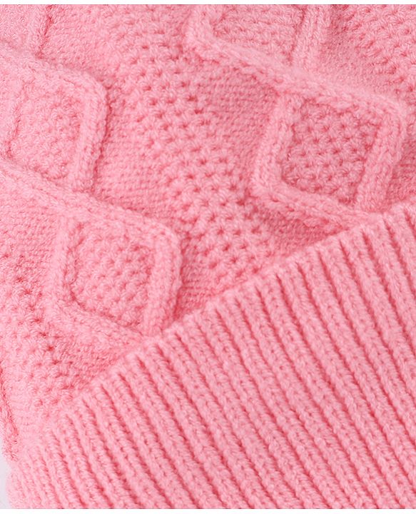 Babyhug Knit Woollen Cap with Cable Knit Design Pink - Diameter 10 cm