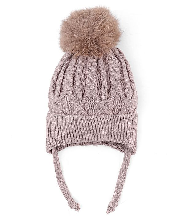 Babyhug Knit Woollen Cap with Cable Knit Design Tan - Diameter 10 cm