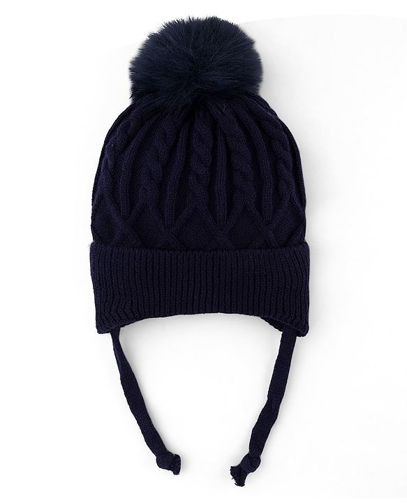Babyhug Knit Woollen Cap with Cable Knit Design Black - Diameter 10 cm