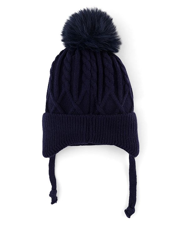 Babyhug Knit Woollen Cap with Cable Knit Design Black - Diameter 10 cm