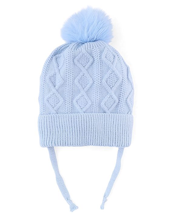 Babyhug Knit Woollen Cap with Cable Knit Design Light Blue - Diameter 10 cm