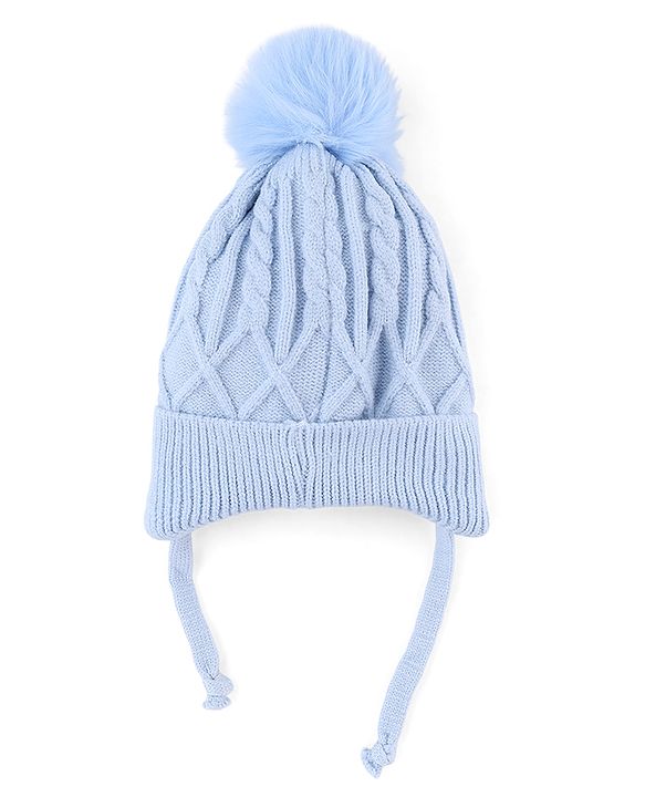 Babyhug Knit Woollen Cap with Cable Knit Design Light Blue - Diameter 10 cm