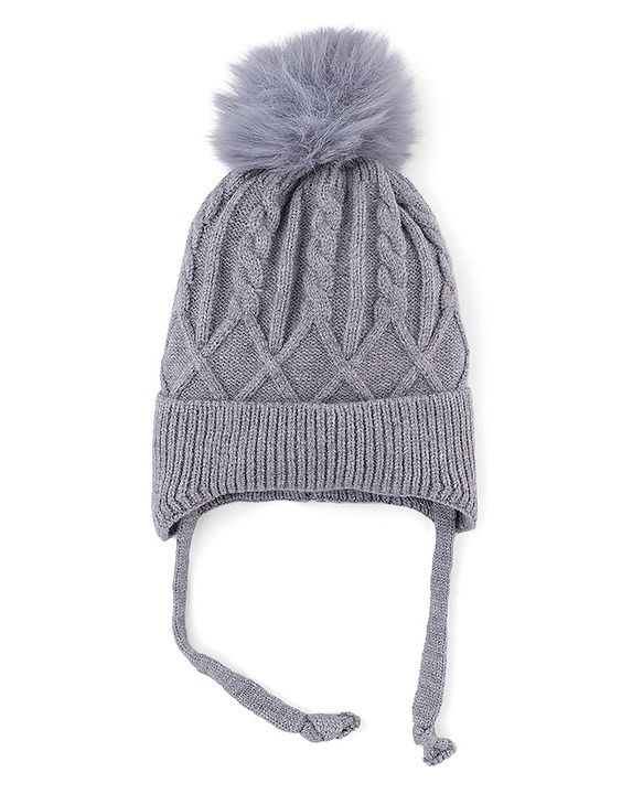 Babyhug Knit Woollen Cap with Cable Knit Design Grey - Diameter 10 cm