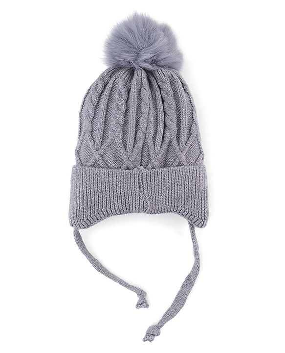 Babyhug Knit Woollen Cap with Cable Knit Design Grey - Diameter 10 cm