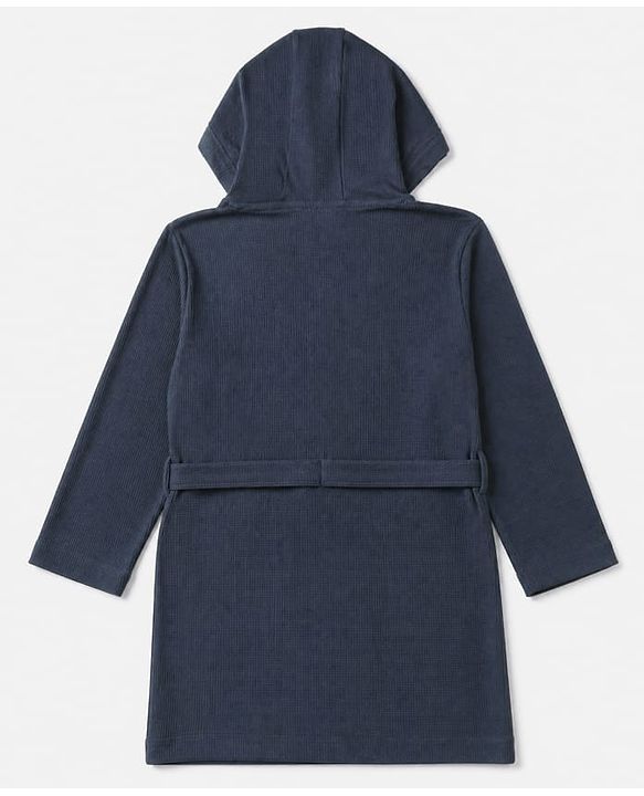 Pine Kids 100% Cotton Knit Full Sleeves Hooded Solid Bath Robe - Navy Blue