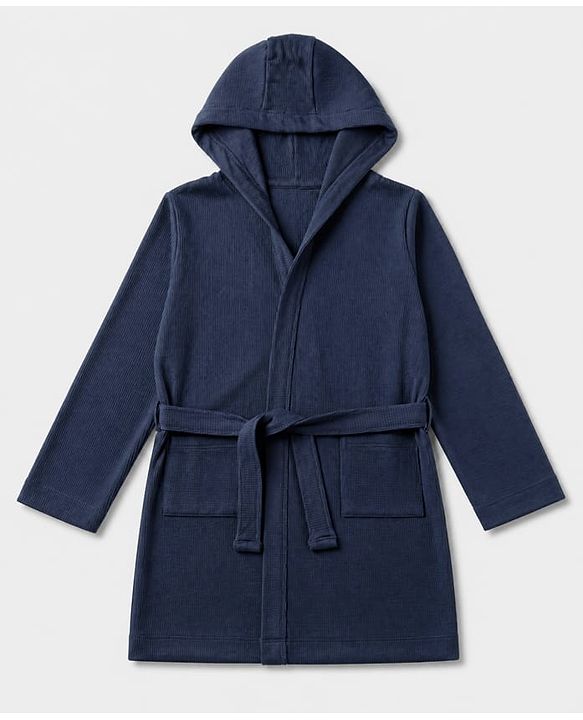 Pine Kids 100% Cotton Knit Full Sleeves Hooded Solid Bath Robe - Navy Blue