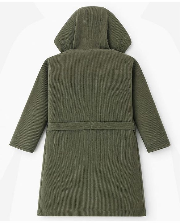 Pine Kids 100% Cotton Knit Full Sleeves Hooded Solid Bath Robe - Olive Green
